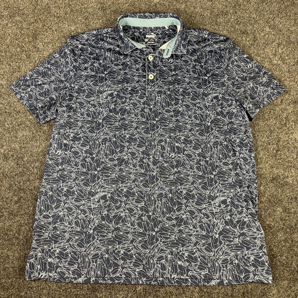 Puma Golf Shirt Boys L/TG 13-14 Navy Blue All Over Golf Bag Print Polo Casual